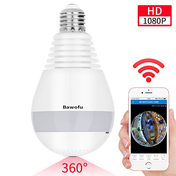 Bawofu 1080P Wifi Wireless IP Bulb Hidden Camera with Fisheye Lens 360 Panoramic for Remote Home Security System,Motion Detection and Two Way Talking for iPhone/Android Phone/iPad
