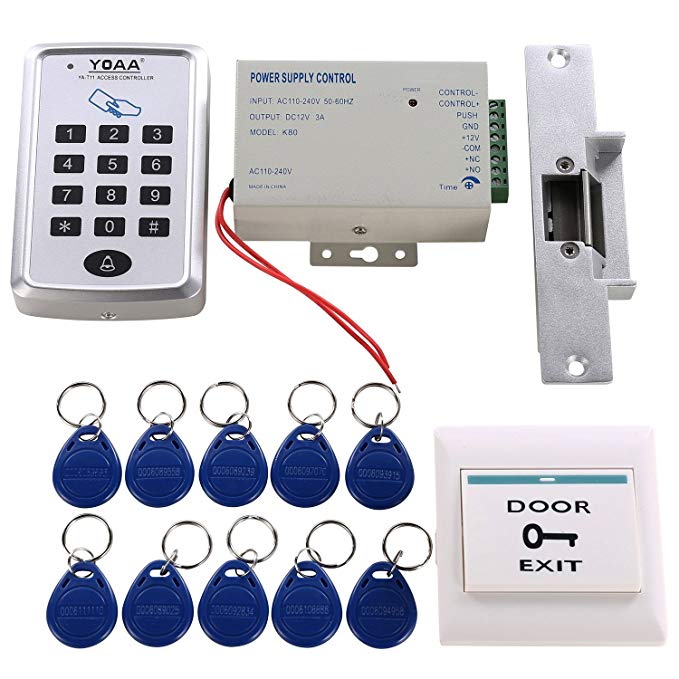 HWMATE Access Control System Kit With Keypad Power Supply Strike Lock Exit Button Keyfobs For Single Door